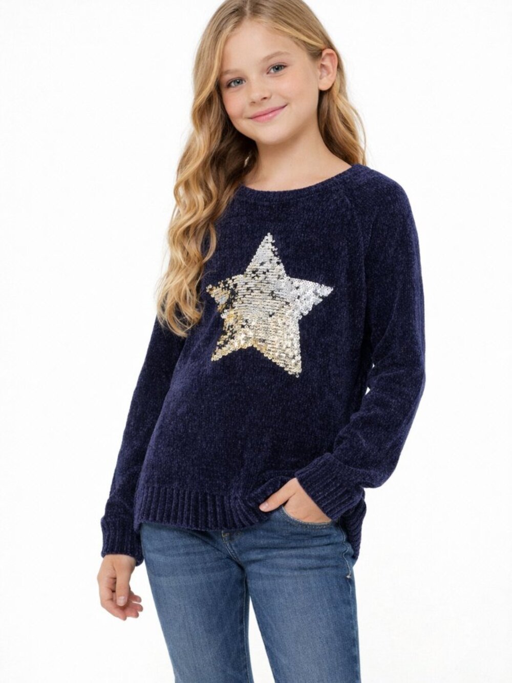 Justice Girls Flip Sequin Chenille Sweater Navy Blue Size 14/16